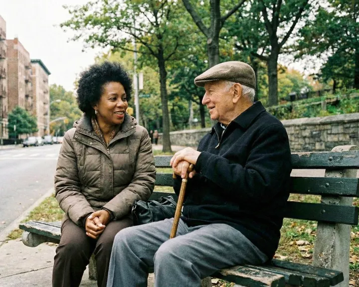 African American Woman with Elderly Man on Park Bench