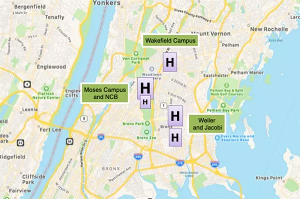 Bronx map with hospitals
