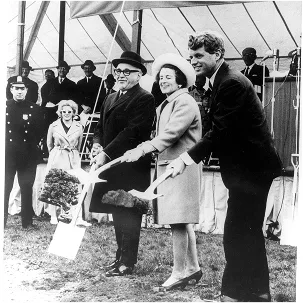 Dr. Sam Belkin, Rose F. Kennedy, and Bobby Kennedy, shovel earth from the ground to clear space for the new Rose F. Kennedy Center at Einstein.