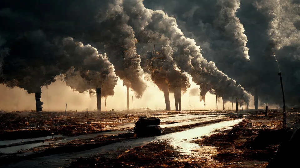Ruined landscape with massive smoke coming out from chimneys